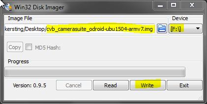 Using the provided ISO image for the Odroid platform To install the image on an Micros-SD card you need a tool such as the Win32DiskImager to be installed on your Windows system.