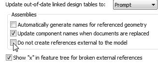 To create a new feature or part in an assembly without External References, check Options, External References, Do not create references external to the model from the System Options dialog