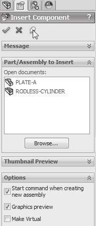 138) Click the Push Pin icon from the Begin Assembly PropertyManager. 139) Click RODLESS-CYLINDER from the Open documents box. 140) Click inside the Graphics window.
