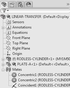 Expand the LINEAR-TRANSFER\Mates entry. 195) Expand the Mates folder from the LINEAR- TRANSFER FeatureManager. View the created Mates.