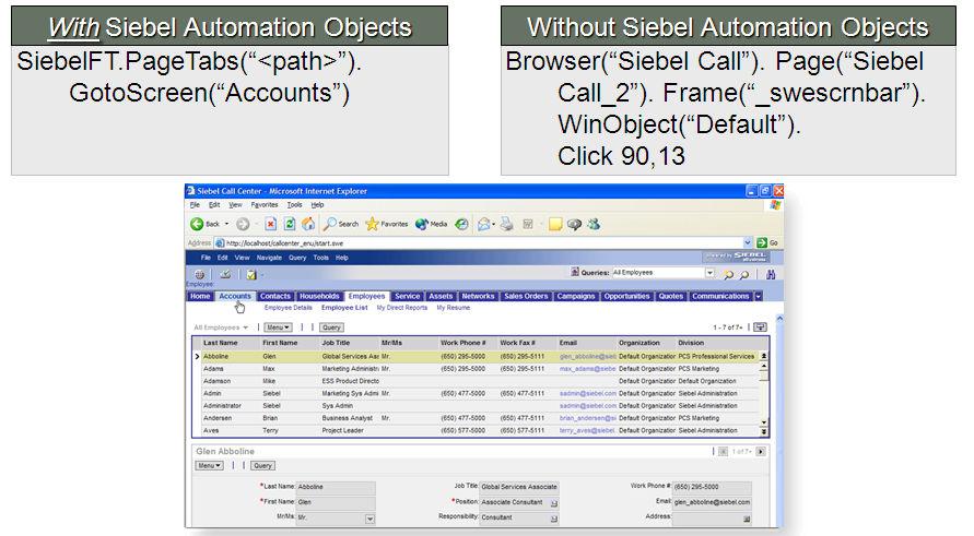 below shows the difference between test script actions captured with Oracle Functional Testing and Siebel Test Automation API vs. those captured by a generic, coordinate based test tool.