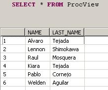 Select some fields If we want to select only a couple of fields, we need to create a Table Type: CREATE TYPE EMPLOYEE_VIEW AS TABLE ( NAME VARCHAR(30), LAST_NAME VARCHAR(30) Now, we