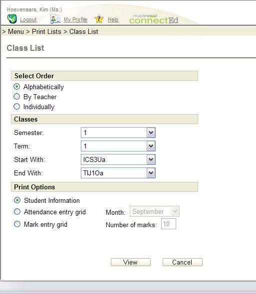 Other Features of Maplewood ConnectEd Print Lists This option allows the user to print a list of students in a class.