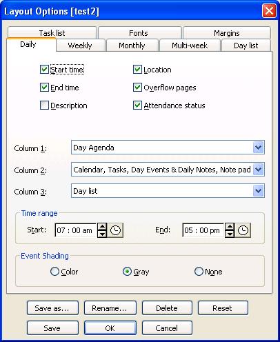 The settings in the box to the left for the Daily Tab will allow printing of the daily view for any number of specified dates. Note that description is NOT checked.