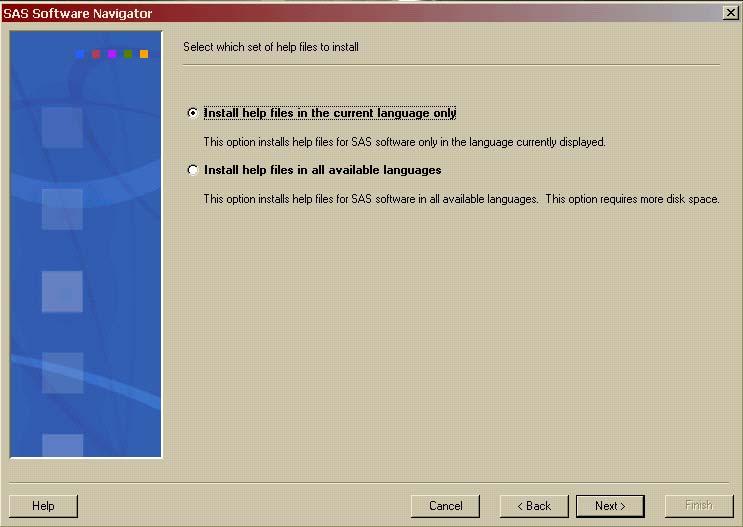 12. The Select which set of help files to install dialog opens. This dialog determines the language of the help files installed with the software in the installation queue.