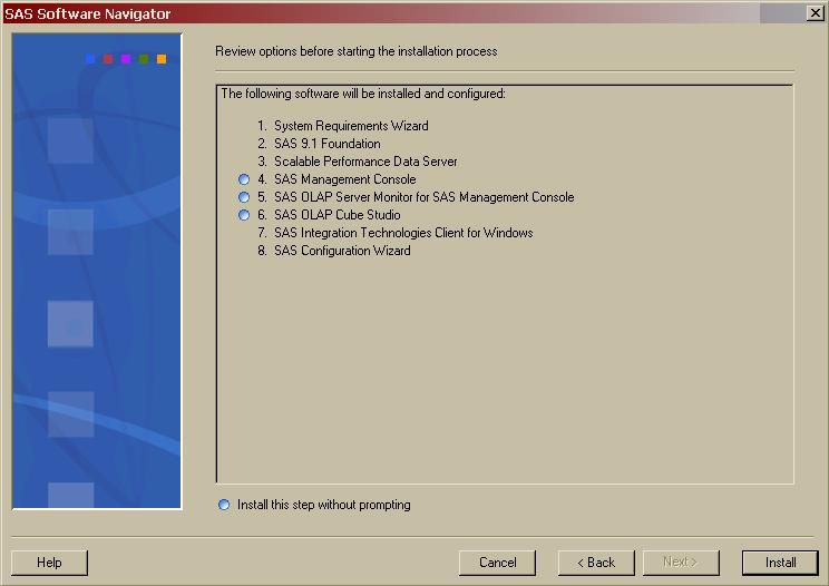 13. The Review options before starting the installation process dialog opens. The description field lists the software you have selected to install and configure from the previous dialogs.