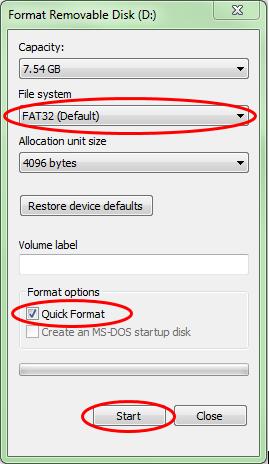 5. In the pop-up screen, change the File System to FAT32, select the box next to Quick format, and select Start. 6.