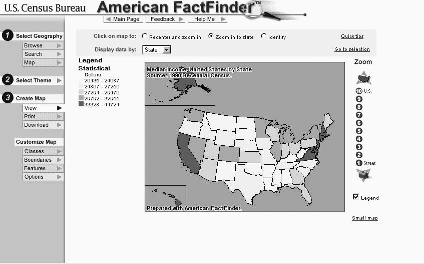 The American Fact Finder uses the ArcView display engine. Other work on data exploration in GIS includes [Mon89], [MK97], [SMC96], [AA99].