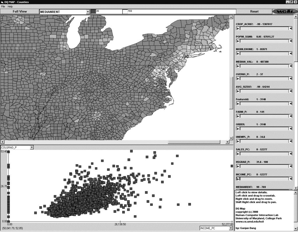 Figure 9: Dynamaps zoomed on counties of the northeast Figure 11: Dynamaps displaying highway data Figure 10: Brushing between scatterplot and map reveals high income, highly educated states are in