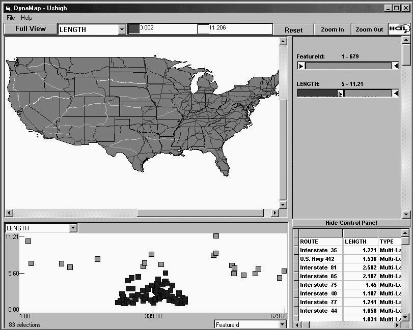 In Figure 12, Dynamaps displays data about the US state capital cities in the form of points on a map. The Load Geography menu option allows users to load other map layers for visualization.