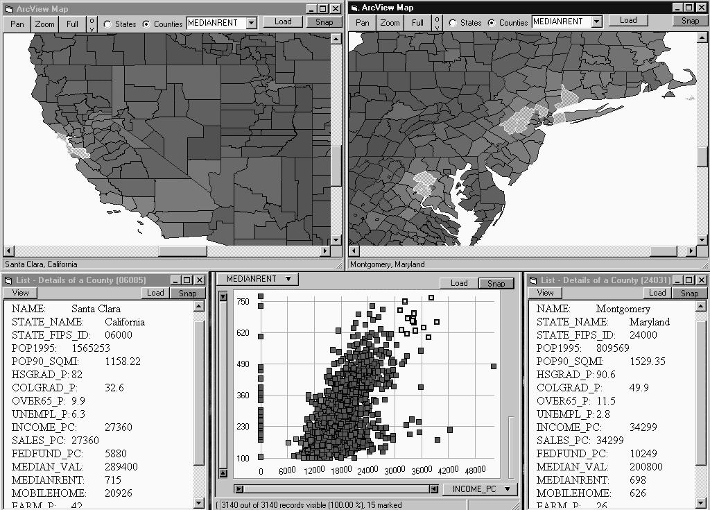 Enabling simultaneous display and exploration of multiple geography layers. For example, users could load states, counties, and cities, and perform dynamic queries and brushing on each.