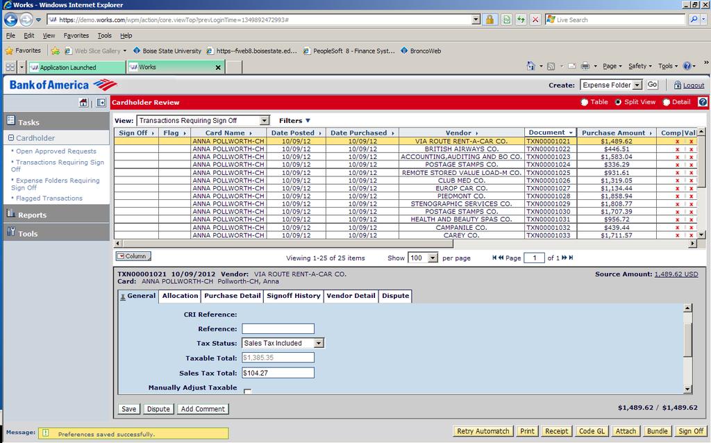 Allocating Expense in Works Works Split View provides a list of transaction above, and detail on a selected transaction below To allocate
