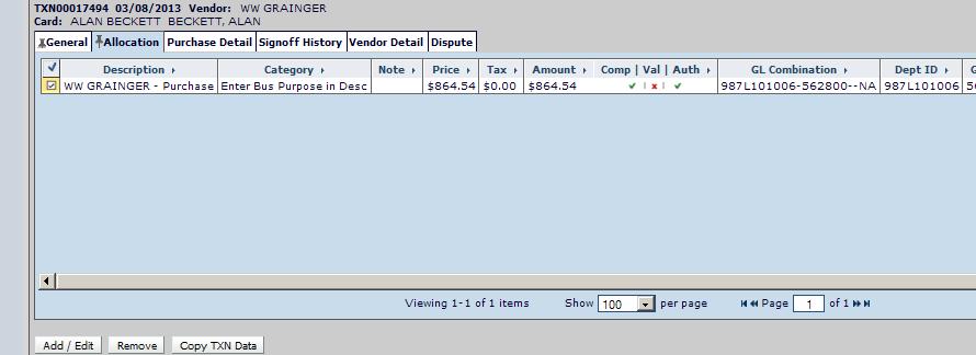 Allocation view opens for accounting detail and business purpose entry The Allocation tab is used for entering allocation detail.