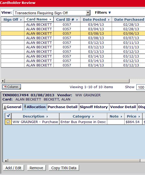 Allocating Expense in Works, continued Split View After you select Add/Edit, the Allocation View appears.