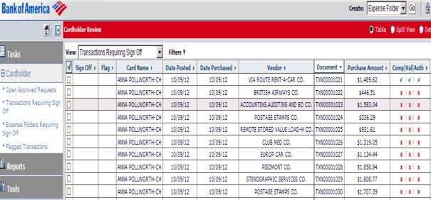 With Table View selected: 1) Select all transactions requiring the same allocation detail by clicking the top check