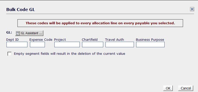 Enter accounting detail in any one field to apply to all selected transactions.