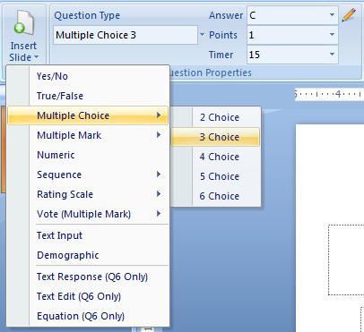 6 CREATING A PRESENTATION To create an interactive presentation, click Insert Slide on the Actionpoint toolbar and choose a question type. (Select None for slides not intended as interactional.
