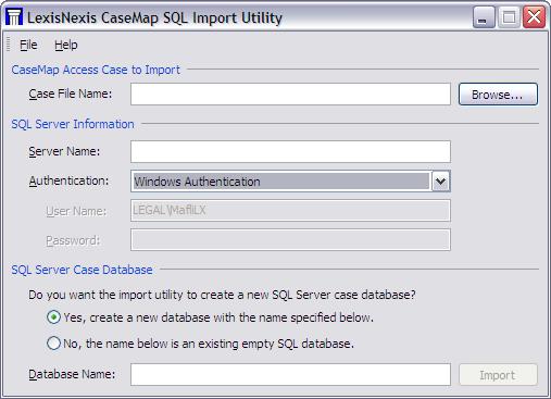 62 CaseMap When you are ready to migrate existing case files to the CaseMap Server, the LexisNexis CaseMap SQL Import Utility dialog box displays.