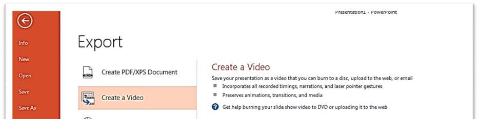 In addition to inserting video into your PowerPoint presentation you can also export the presentation to video. Click File on the Ribbon.