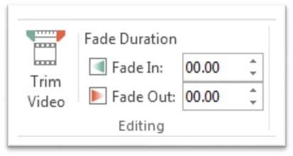 The Editing section of the Ribbon has controls for setting the rate of a Fade In and a Fade