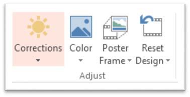 The Adjust section of the Ribbon, toward the left end, has options that you can use to customize or correct the video.