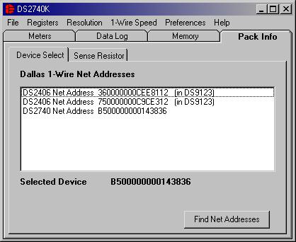Pack Information Tab Device Select The Device Select sub-tab allows the user to choose with which device on the 1-Wire bus to communicate.