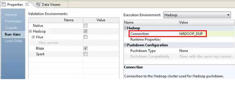 In the Execution Environment area, set the Connection property to the Hadoop connection