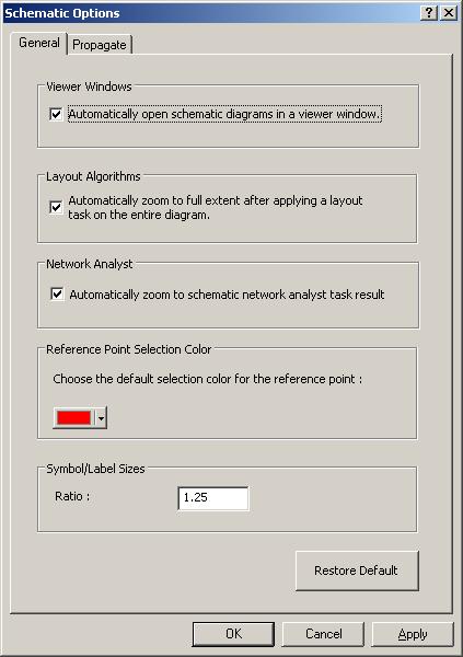 4. Click OK. The Schematic Options dialog box closes. From now on, each time a schematic diagram is opened or generated, it is displayed in a viewer window, and the active data frame is preserved.