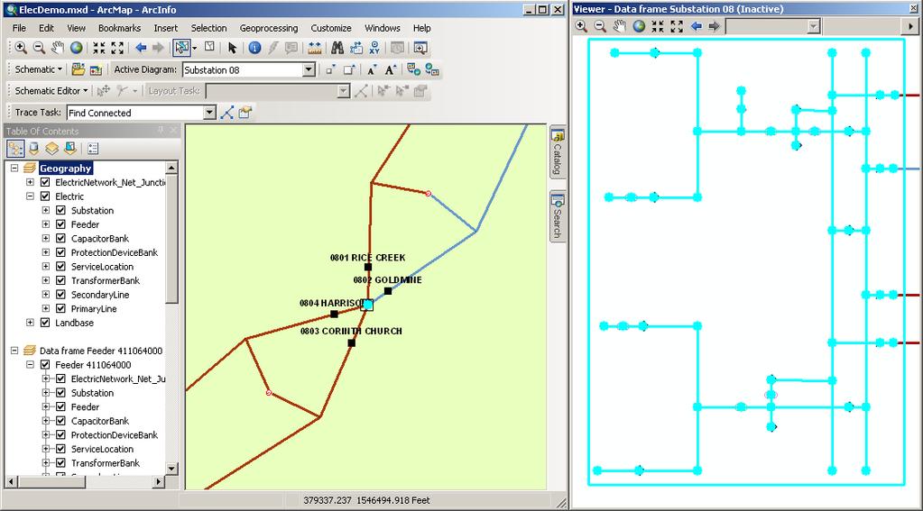 Note: Note that the Substation schematic feature in the Feeder 411064000 diagram has been also automatically selected. 10. Clear the selected features on the map. 11.