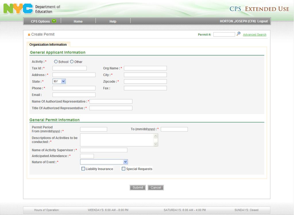 Permit Create To create a new permit, click on Permit Create under the CPS Options Menu: This will bring you to the