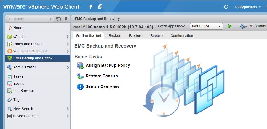 Figure 42 EMC Backup and Recovery user interface in the vsphere Web Client The EMC Backup and Recovery user interface consists of five tabs: Getting Started Provides an overview of functionality