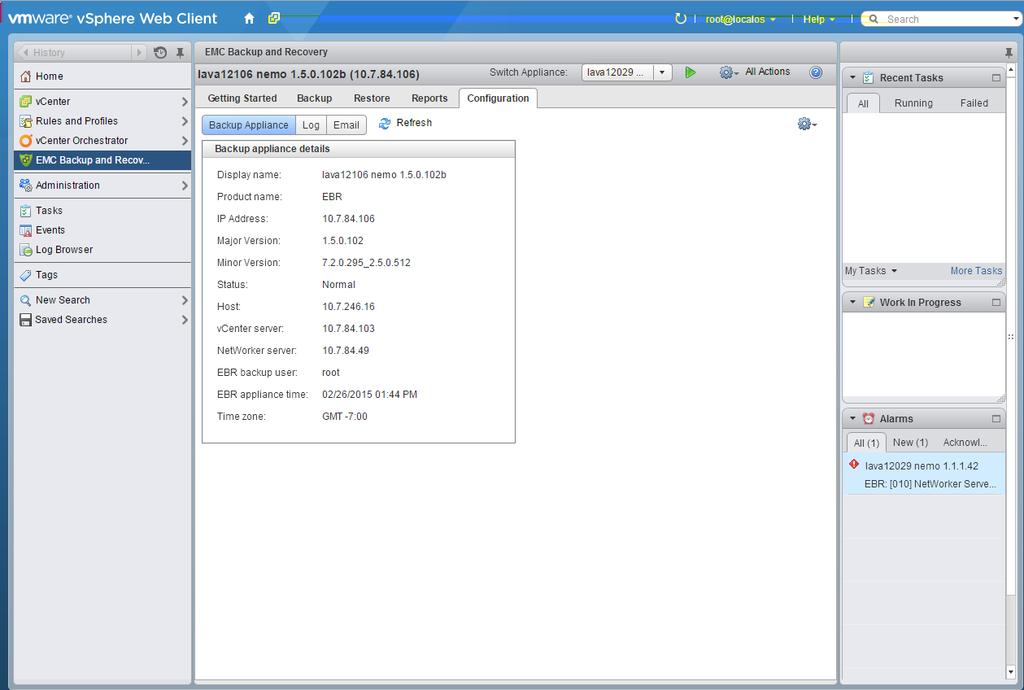 Configuration The Configuration tab allows you to manage the maintenance tasks for the VMware Backup Appliance.