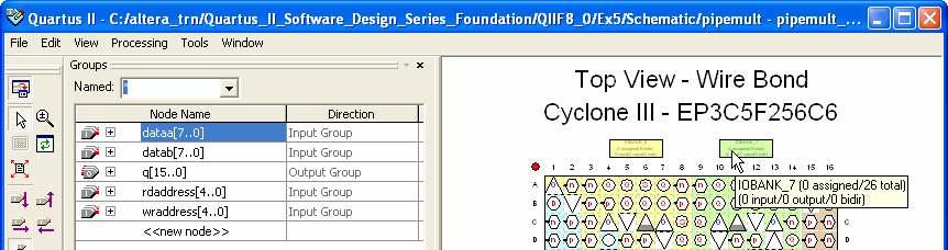 Exercises Quartus II Software Design Series: Foundation 6. In the Groups List window of the Pin Planner, locate the dataa input bus, and click it once to select it.