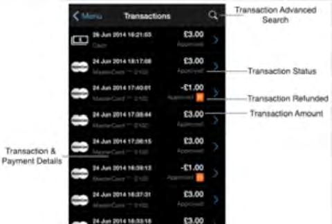 After the transactions have been retrieved from the server and displayed, scroll the list and select a transaction row to see more detail or to refund or void the transaction. 4.3.