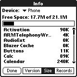 Using Application Info The Info screens display basic statistics about the applications on your Treo. 1. Press Applications Launcher. 2. Press Menu. 3. From the App menu, choose Info. 4.