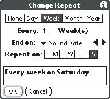 5. If the event has an ending date, choose the End on pick list, and then select Choose Date, and select the ending date. 6. Choose OK. A. This icon indicates a repeating event.
