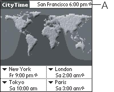 CityTime The CityTime world clock displays the day and time in your home city and in four other cities around the globe.