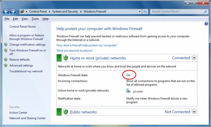 Figure 61: Windows Firewall 3. Click Advanced Settings in the left pane.