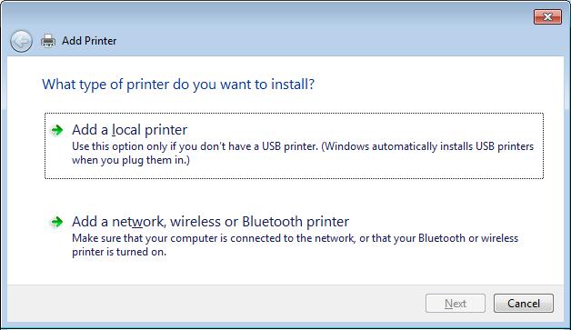 Figure 4: Choose a Printer Port Screen 5. Click Add a local printer (even if the printer is a network printer).