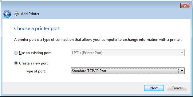 For a network printer, click Create a new port and select Standard TCP/IP Port from the drop-down list. Go to Step 7.