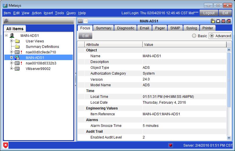Figure 1: ADS Device Object Table 2: User Interface Tabs of the ADS Device Object Tab Purpose Online/SCT 1 Focus/Configuration Summary Diagnostic Email Pager SNMP Syslog Printer Description of device