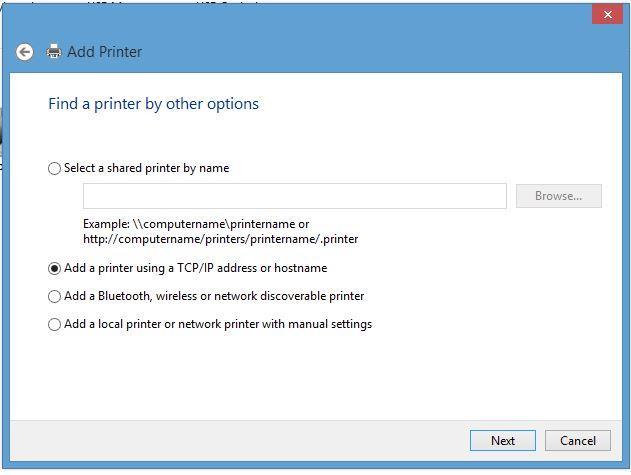 11. Click on Add a printer using a TCP/IP address or hostname radio button.