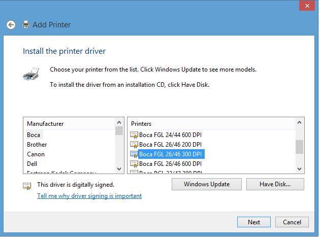 15. When the Install print driver menu comes up: Under Manufacturer select Boca.