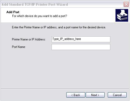 You also have the option of typing in a specific Port name or leave as the IP address. Click on the Next button.