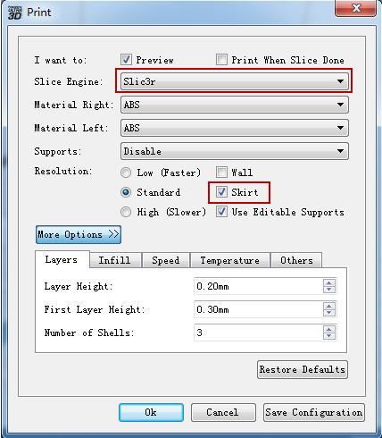 G H A. Preview: Select this option to preview the Gcode file when slicing is finished. B. Print When Slice Done: Select this option to directly print the model. C.