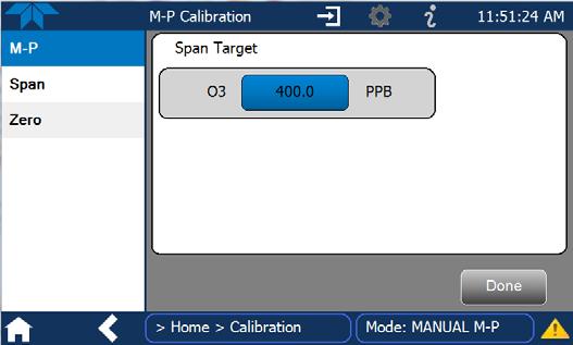 Figure 9. Calibration Span Target Page To change the span target concentration, press the Set Span Target button. Then press the button showing the current setting.