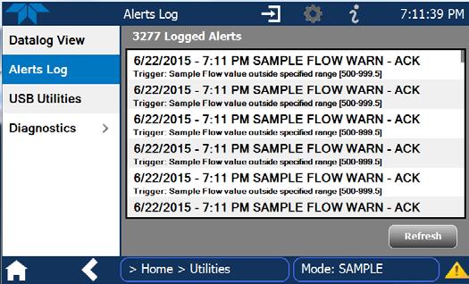 4.5.2. ALERTS LOG The Alerts Log (Figure 11) displays a history of alerts that are triggered by factory-defined and user-defined Events, such as warnings and alarms. 4.5.3. USB UTILITIES Figure 11.