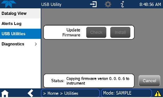 4. In the Update Firmware field, press the Check button for the instrument to determine whether the firmware on the flash drive is more recent than what is currently installed.