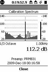 Calibration Spectrum If the 1/1 or 1/3 octave settings had been active at the time the calibration was performed, a spectrum will be saved with the history record.