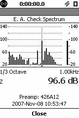 E.A. Check Spectrum If either the 1/1 or 1/3 octave spectrum was enabled at the time the E.A. Check was performed, a corresponding spectrum will be stored with the measurement.